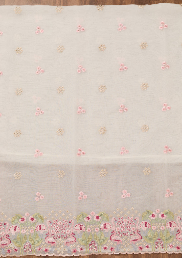 White Threadwork Tissue Unstitched Salwar Suit