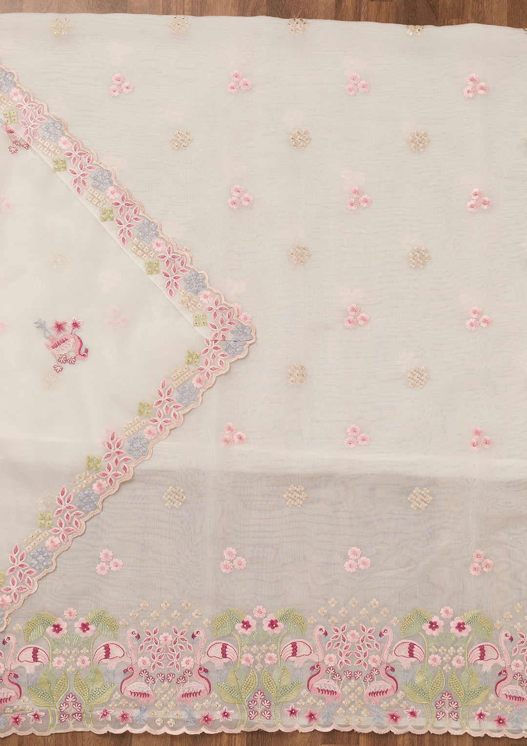 White Threadwork Tissue Unstitched Salwar Suit