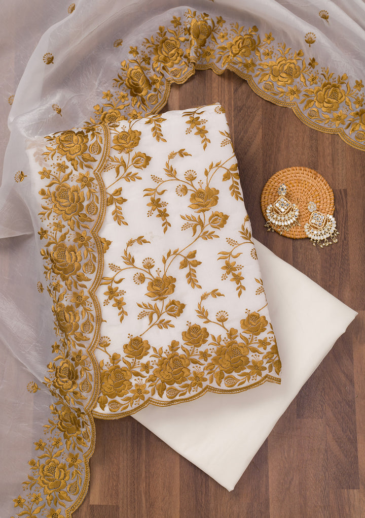 White Threadwork Tissue Unstitched Salwar Suit