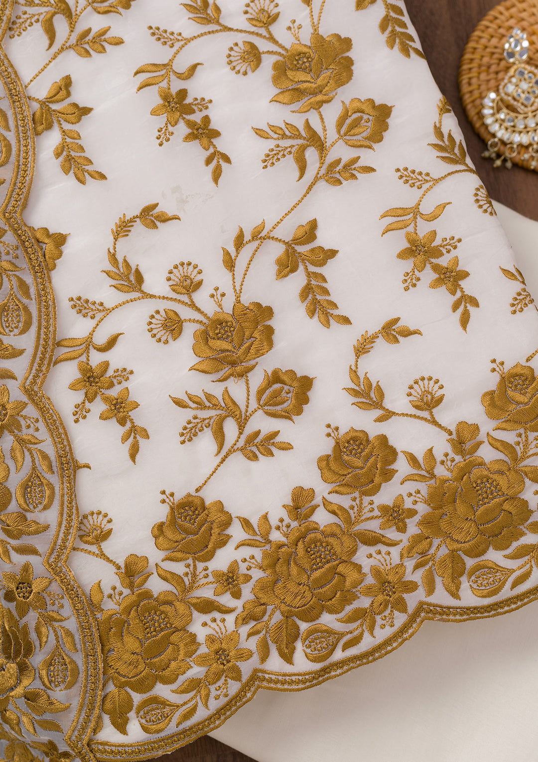 White Threadwork Tissue Unstitched Salwar Suit