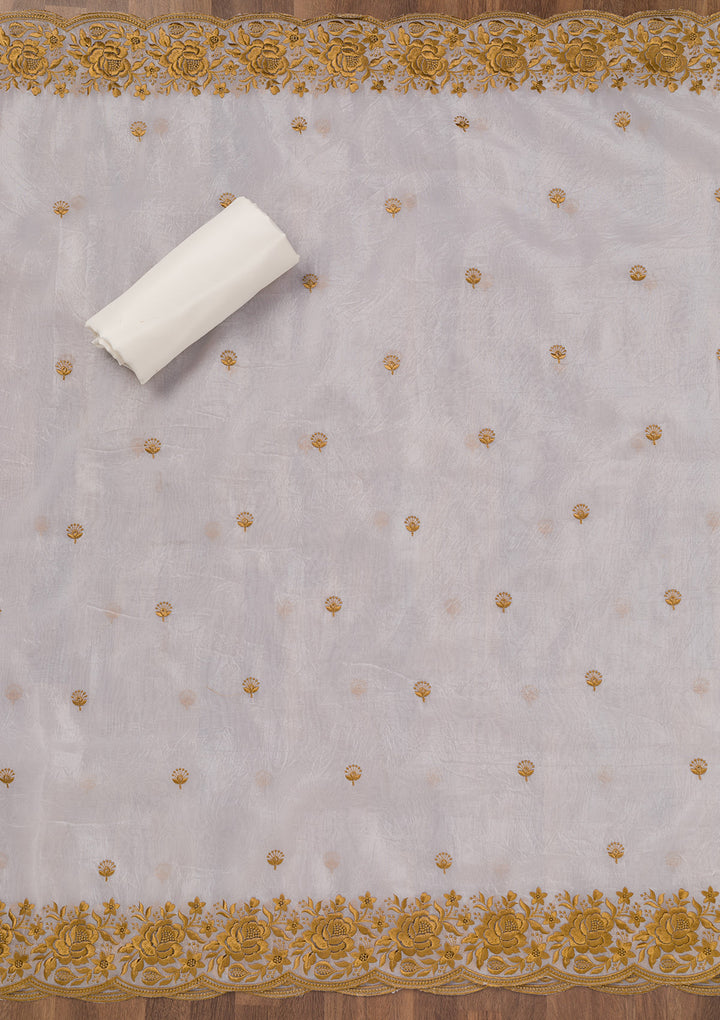 White Threadwork Tissue Unstitched Salwar Suit