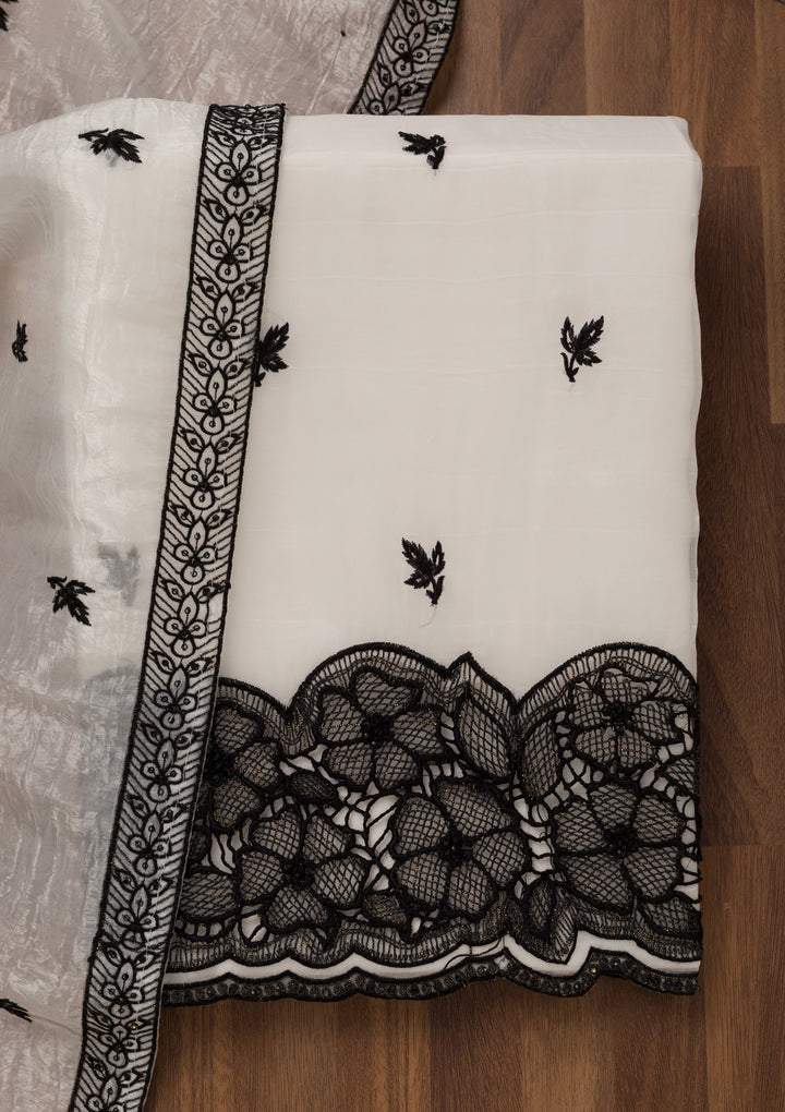 White Zariwork Semi Crepe Unstitched Salwar Suit