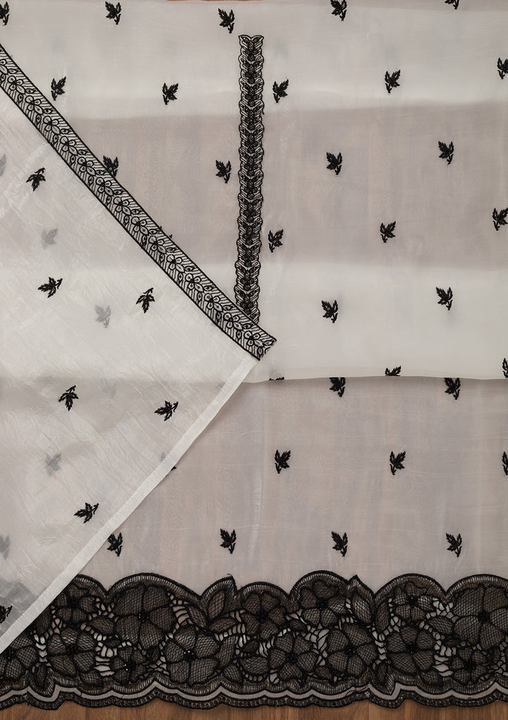 White Zariwork Semi Crepe Unstitched Salwar Suit
