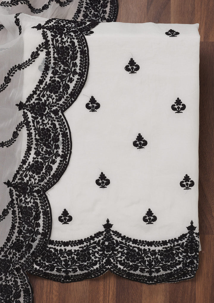 White Zariwork Semi Crepe Unstitched Salwar Suit