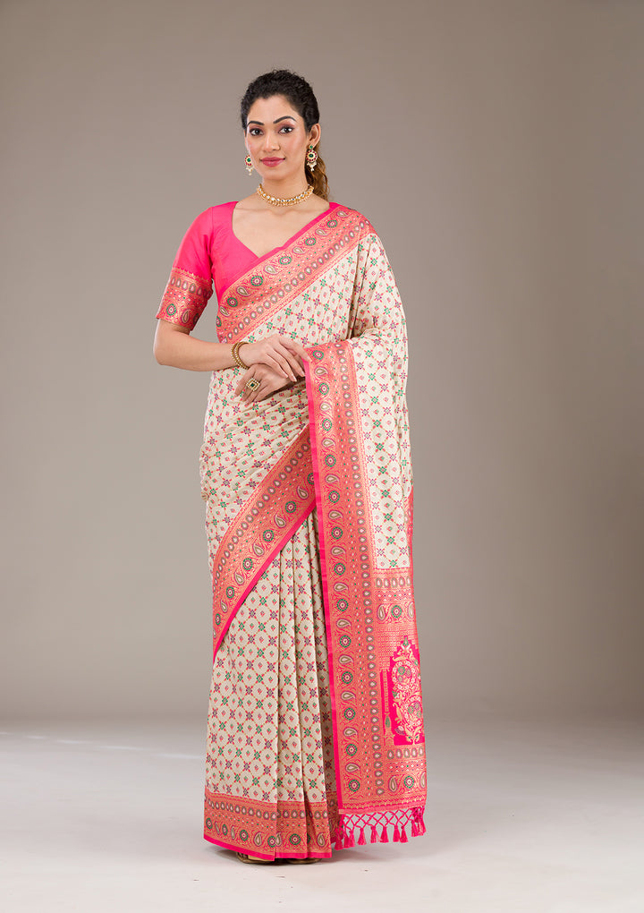 White Zariwork Banarasi Silk Saree-Koskii