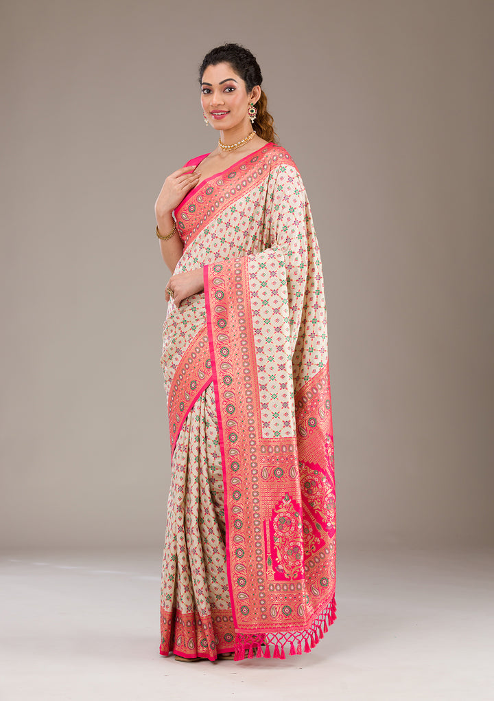 White Zariwork Banarasi Silk Saree-Koskii