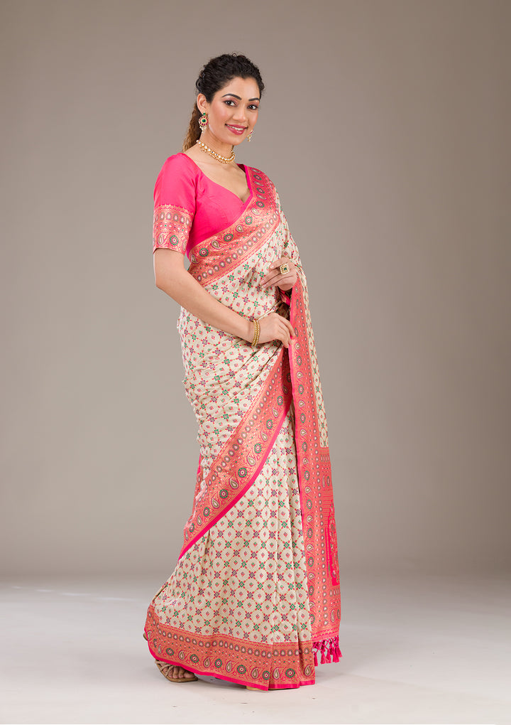 White Zariwork Banarasi Silk Saree-Koskii