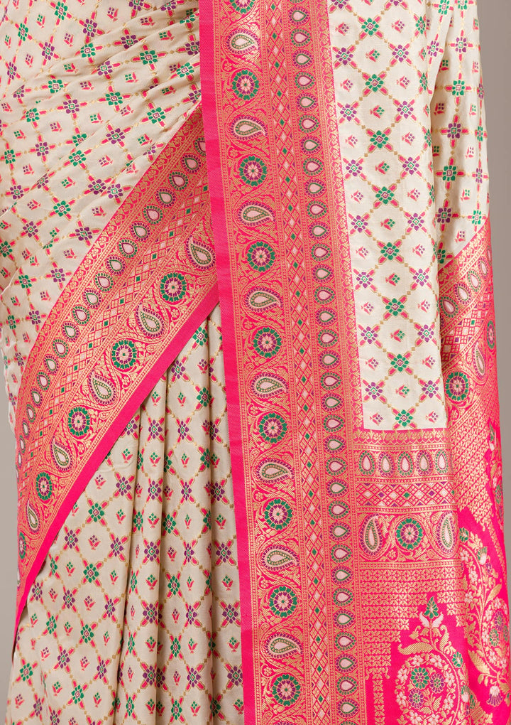 White Zariwork Banarasi Silk Saree-Koskii