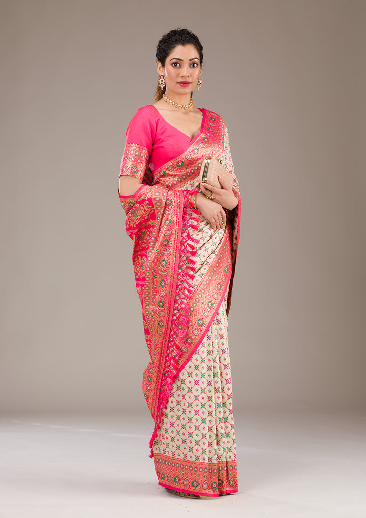 White Zariwork Banarasi Silk Saree-Koskii