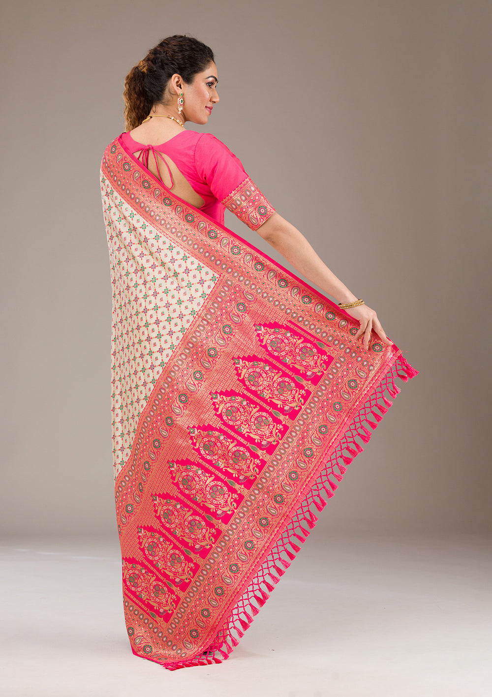 White Zariwork Banarasi Silk Saree-Koskii