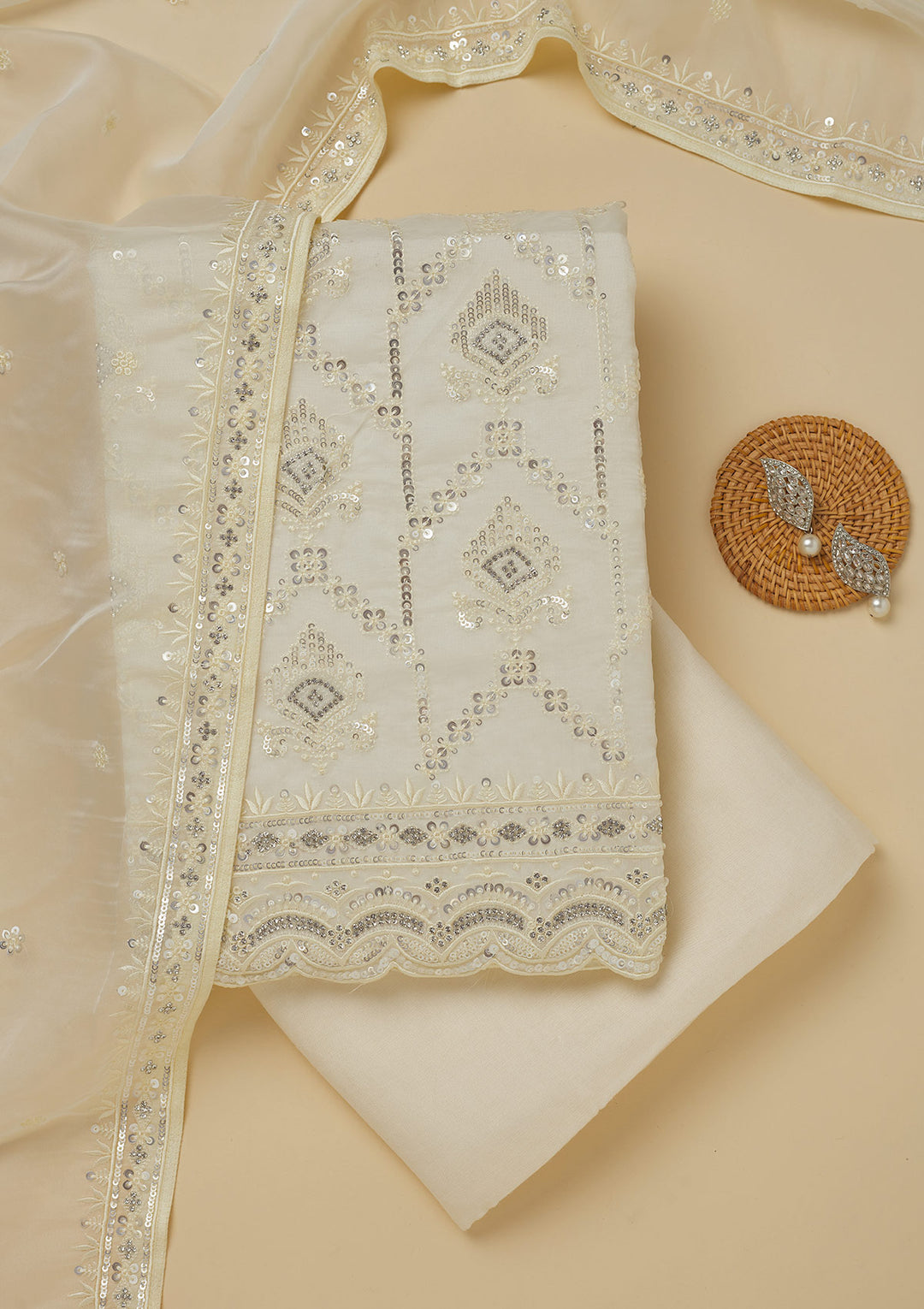 White Zariwork Tissue Unstitched Salwar Suit