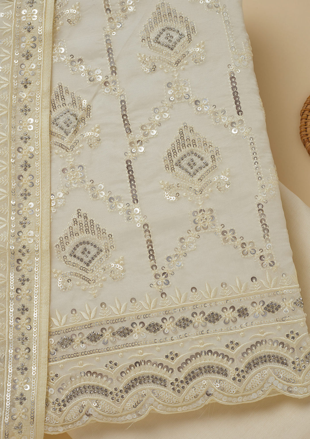 White Zariwork Tissue Unstitched Salwar Suit