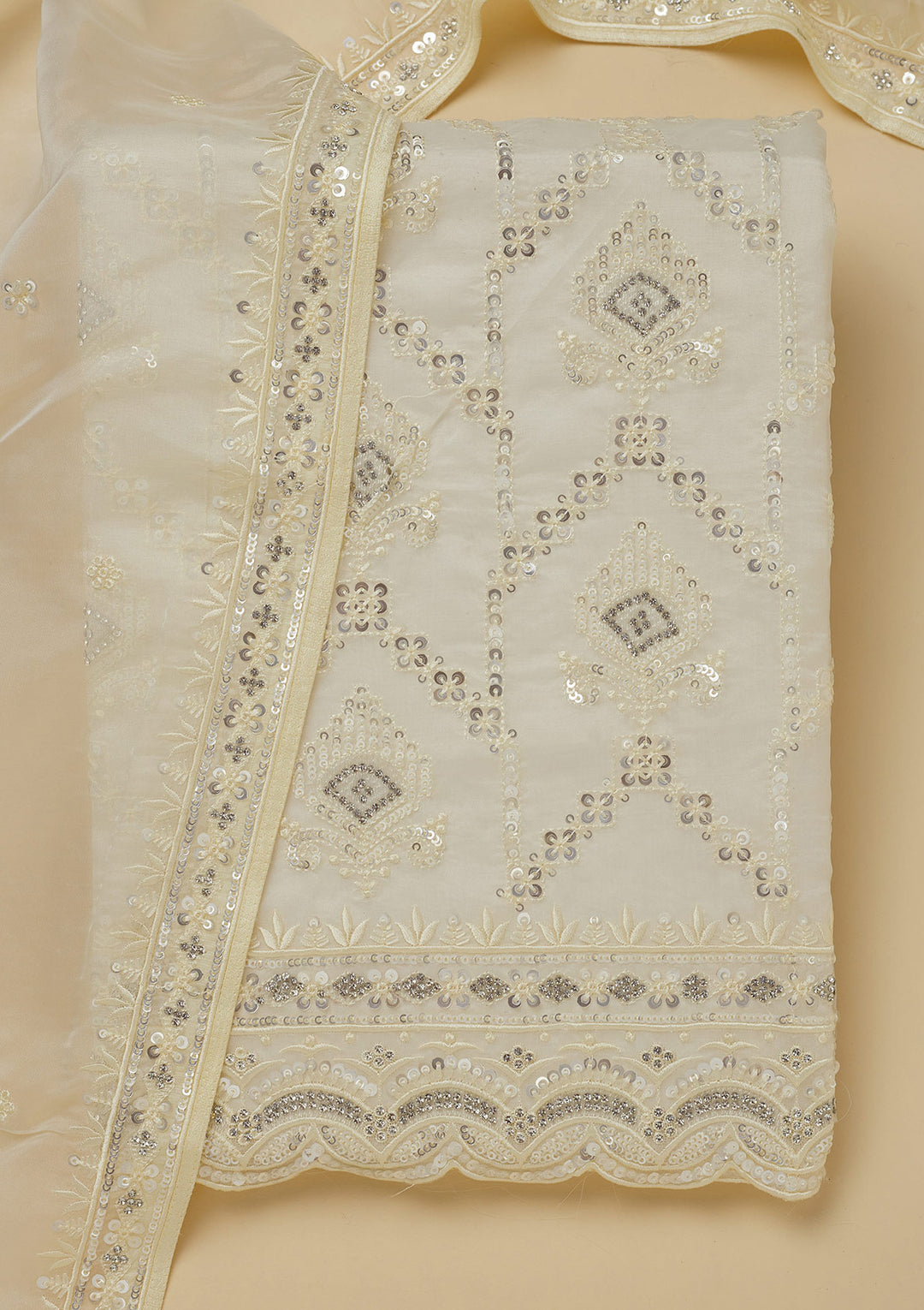 White Zariwork Tissue Unstitched Salwar Suit