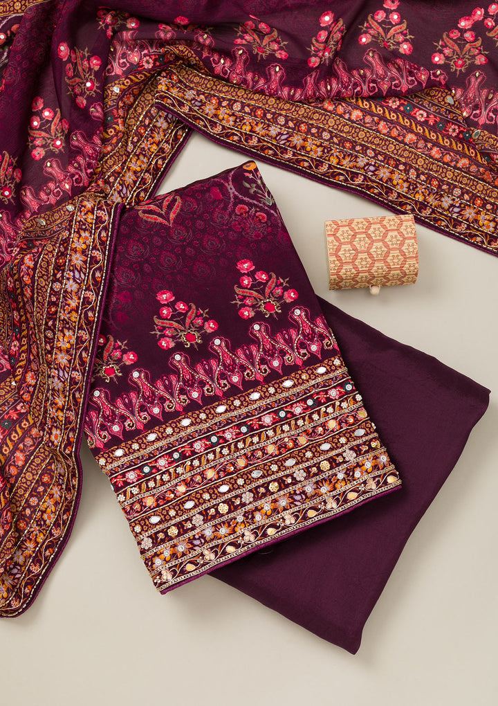 Wine Cutdana Crepe Unstitched Salwar Suit