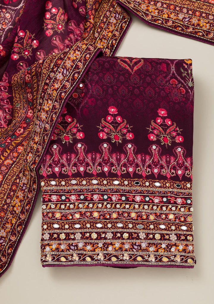 Wine Cutdana Crepe Unstitched Salwar Suit