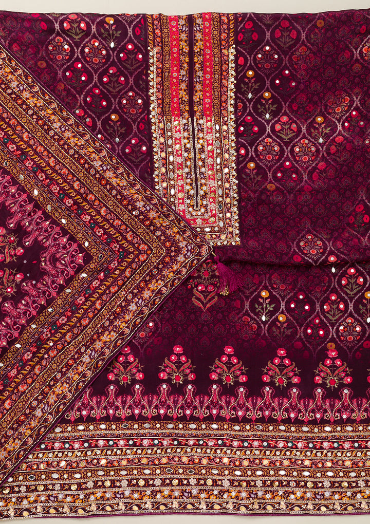 Wine Cutdana Crepe Unstitched Salwar Suit