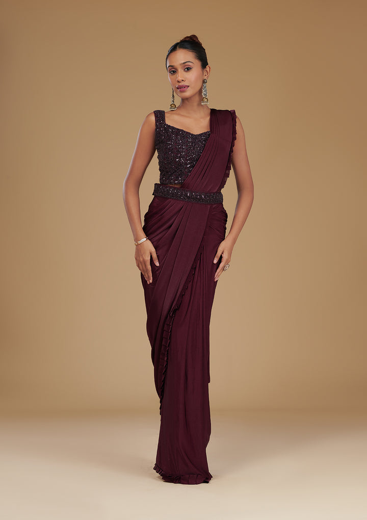 Wine Cutdana Satin Readymade Saree