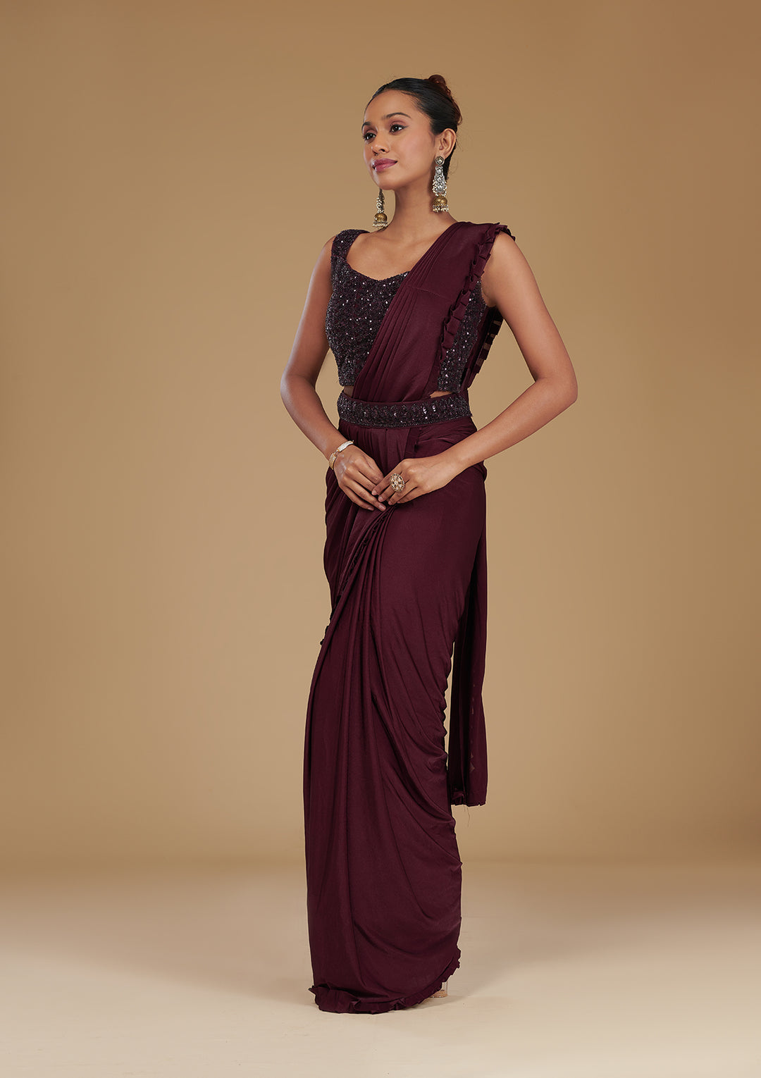 Wine Cutdana Satin Readymade Saree