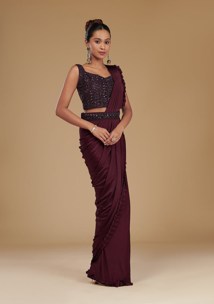 Wine Cutdana Satin Readymade Saree