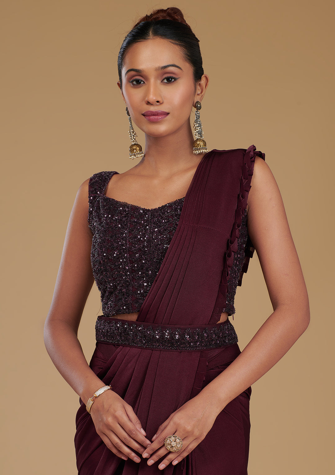 Wine Cutdana Satin Readymade Saree