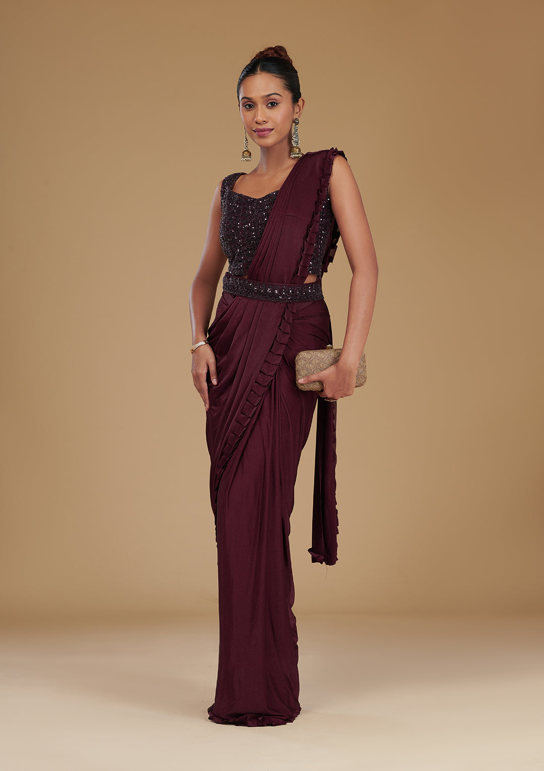 Wine Cutdana Satin Readymade Saree