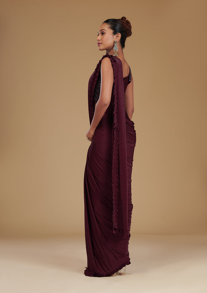 Wine Cutdana Satin Readymade Saree