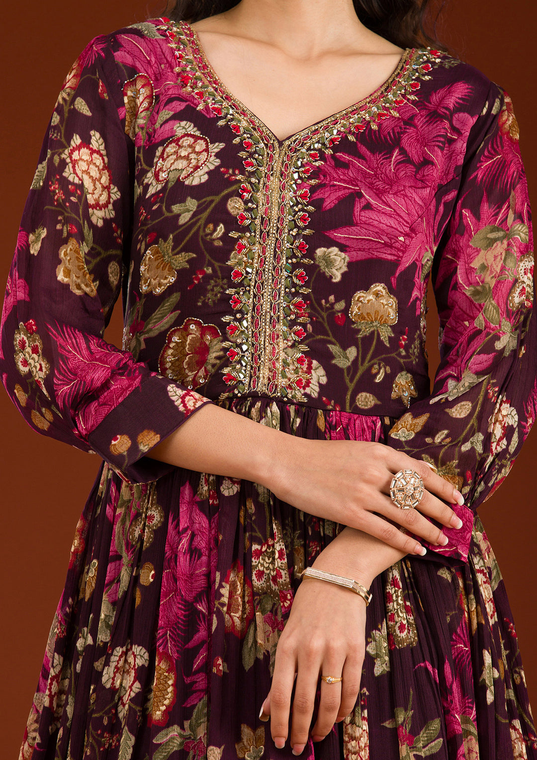 Wine Cutdana Semi Crepe Readymade Salwar Suit