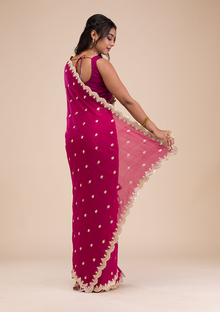 Wine Gotapatti Raw Silk Saree