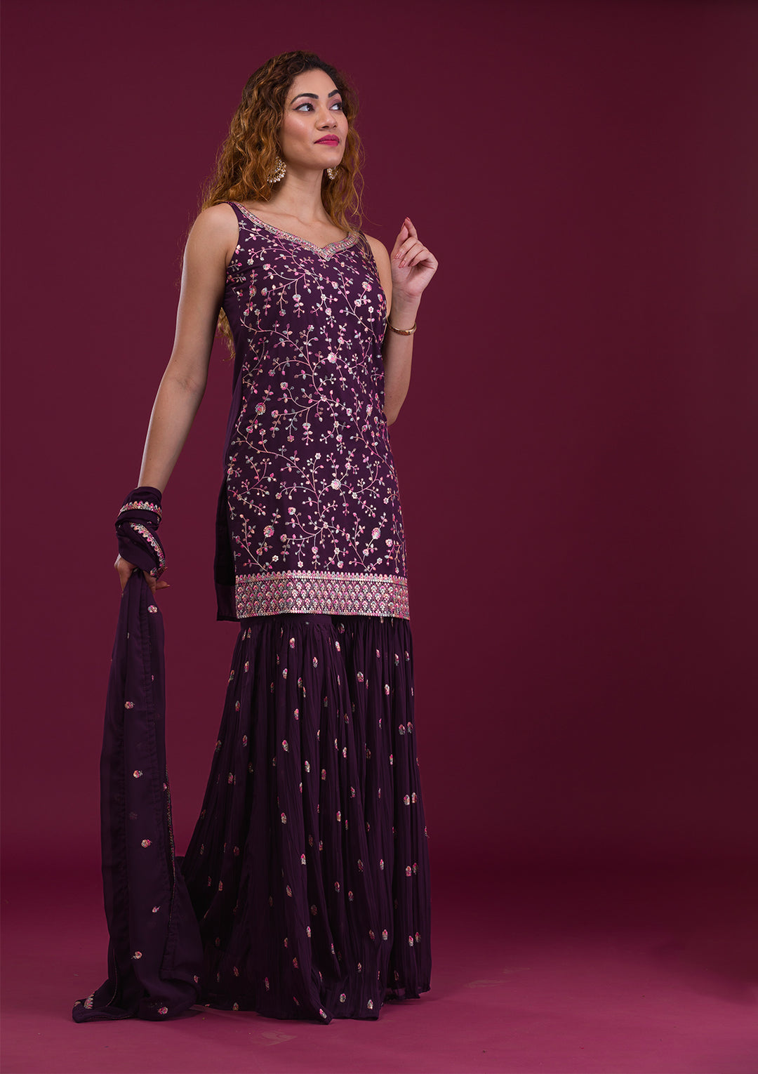 Wine Kashmiri Threadwork Georgette Readymade Sharara Suit-Koskii