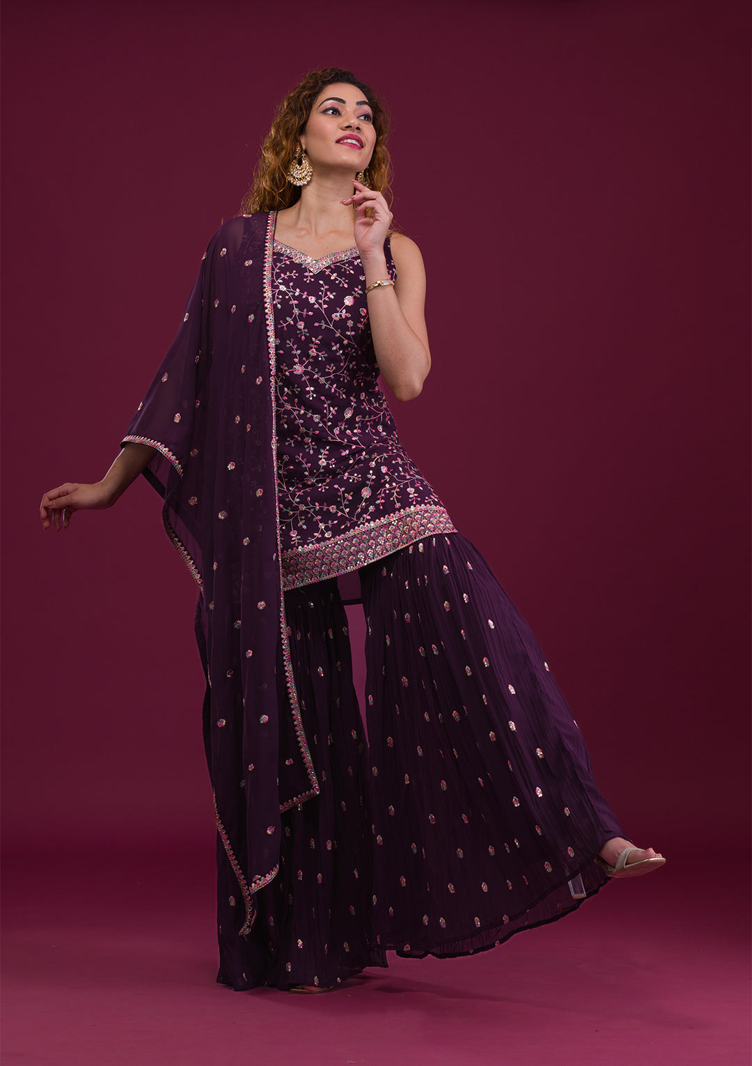 Wine Kashmiri Threadwork Georgette Readymade Sharara Suit-Koskii
