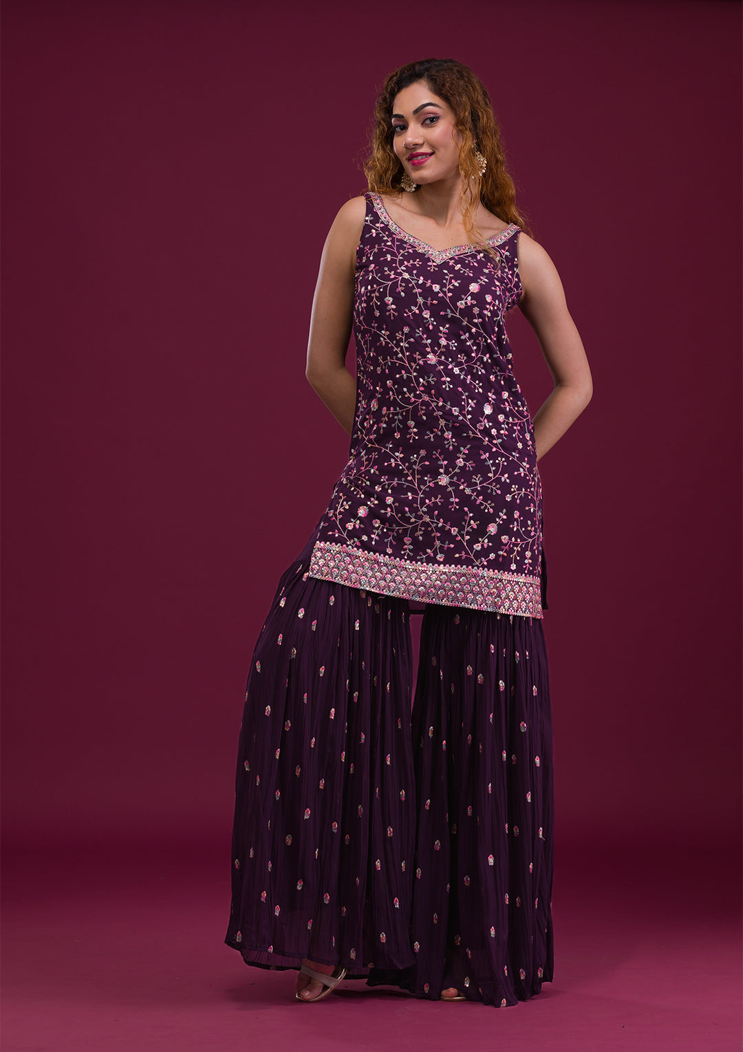 Wine Kashmiri Threadwork Georgette Readymade Sharara Suit-Koskii