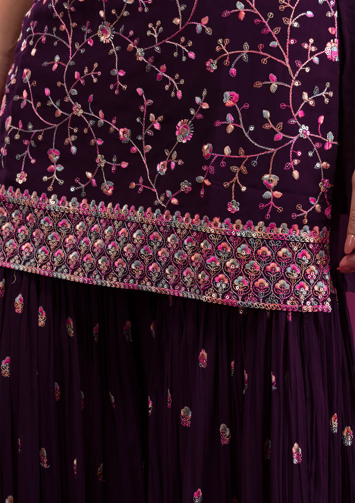 Wine Kashmiri Threadwork Georgette Readymade Sharara Suit