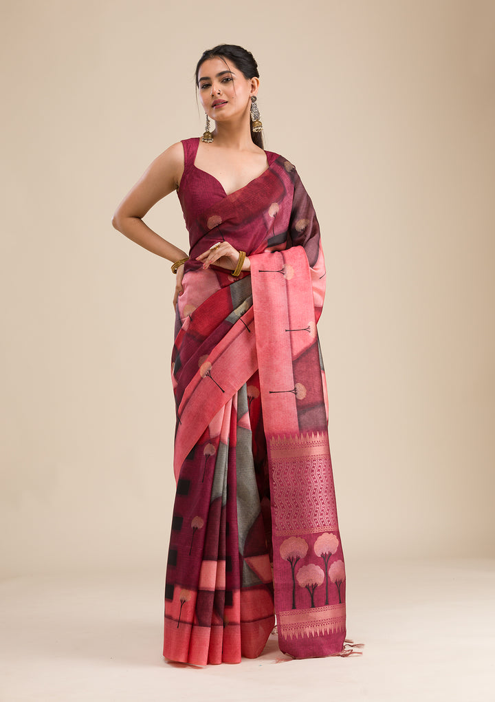 Wine Printed Art Silk Saree