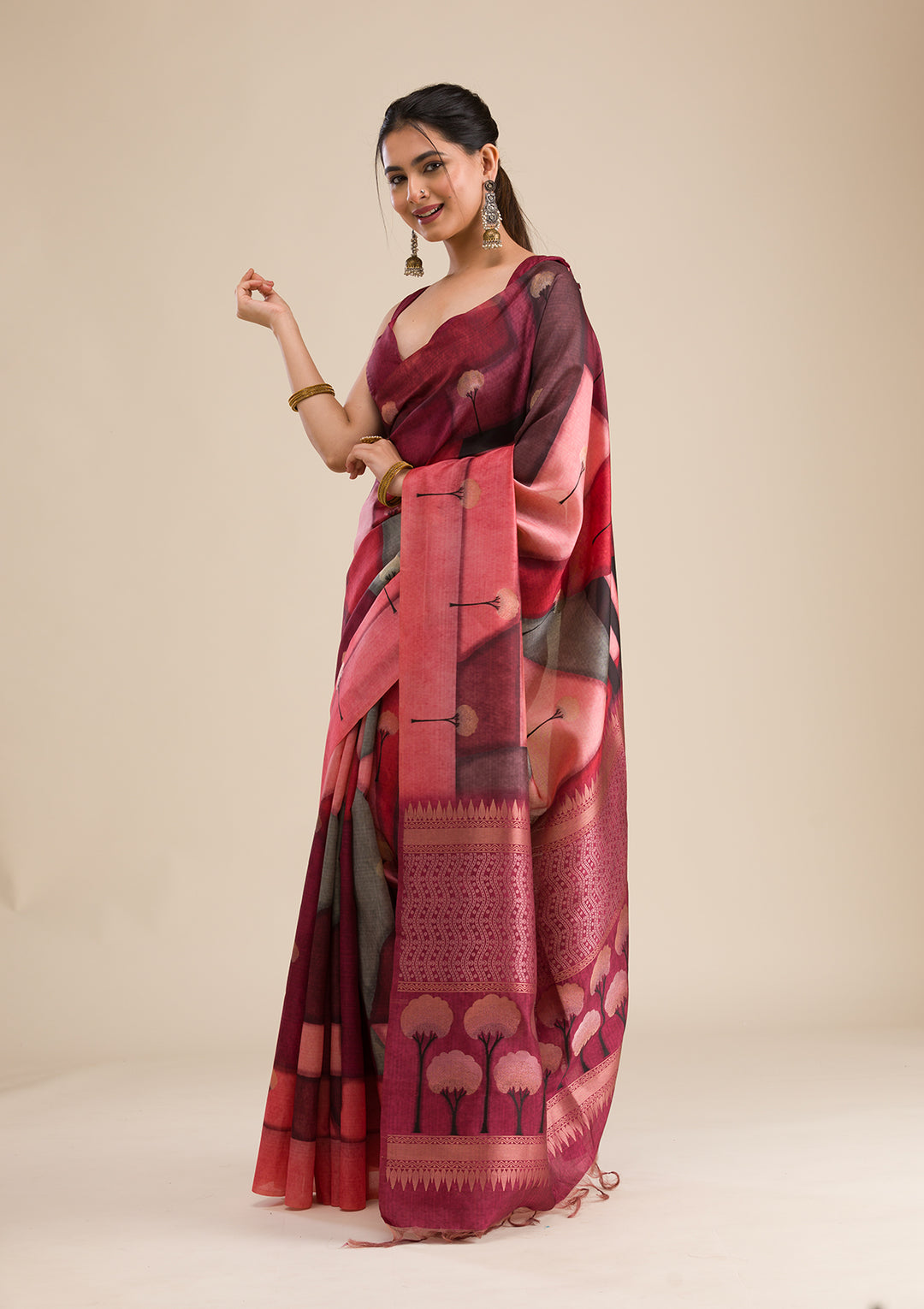 Wine Printed Art Silk Saree