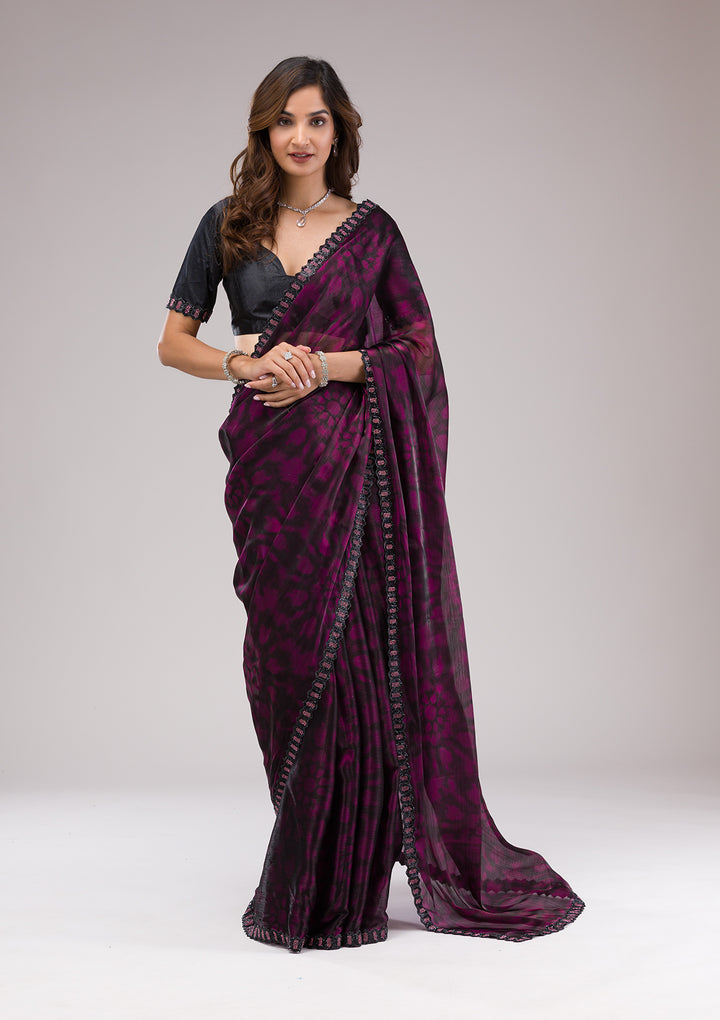 Wine Printed Organza Saree