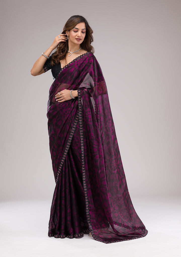 Wine Printed Organza Saree