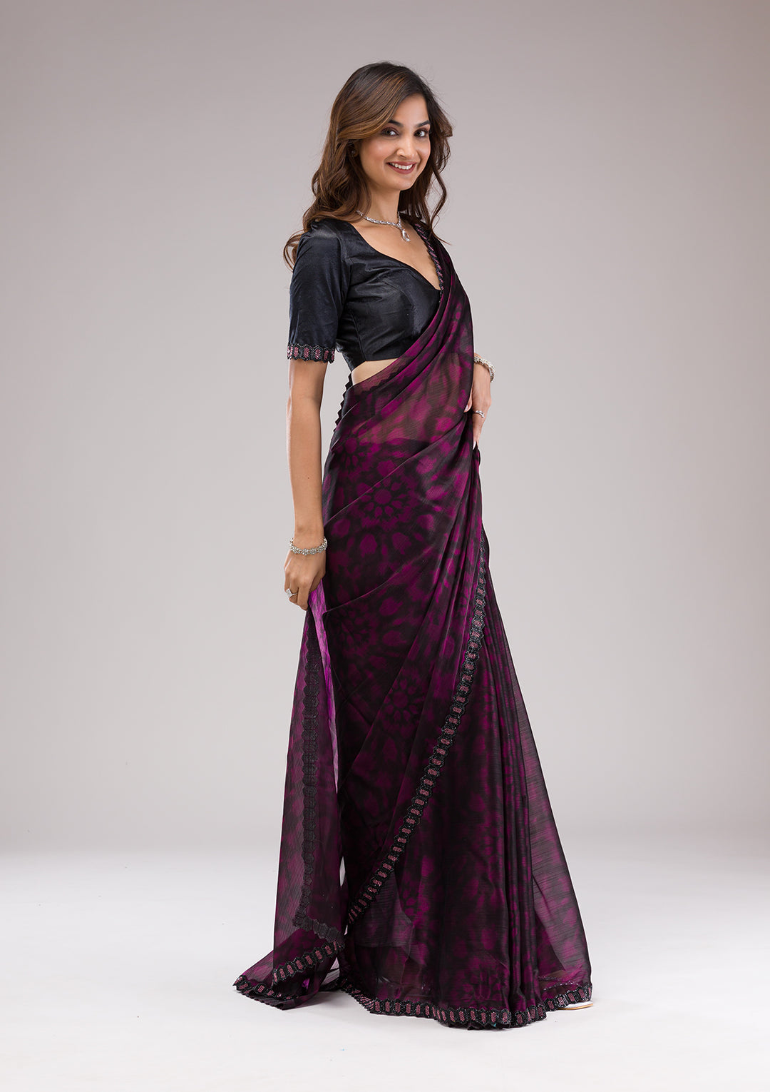 Wine Printed Organza Saree