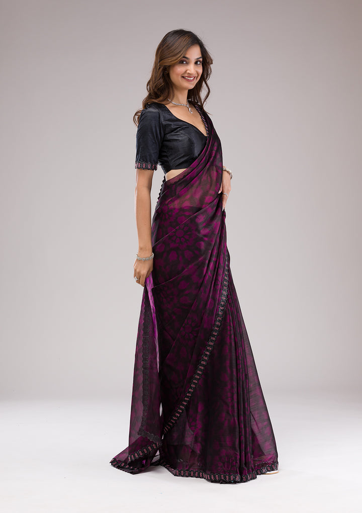 Wine Printed Organza Saree