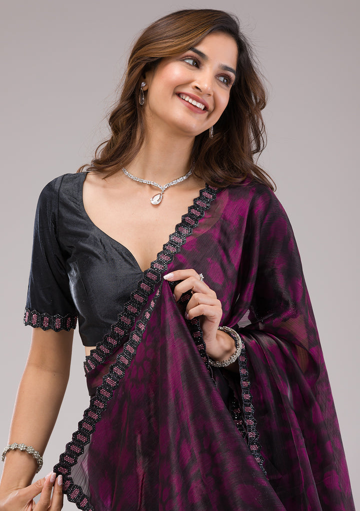 Wine Printed Organza Saree