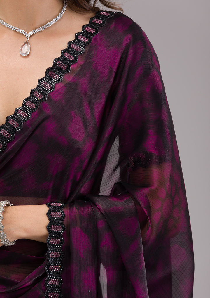 Wine Printed Organza Saree
