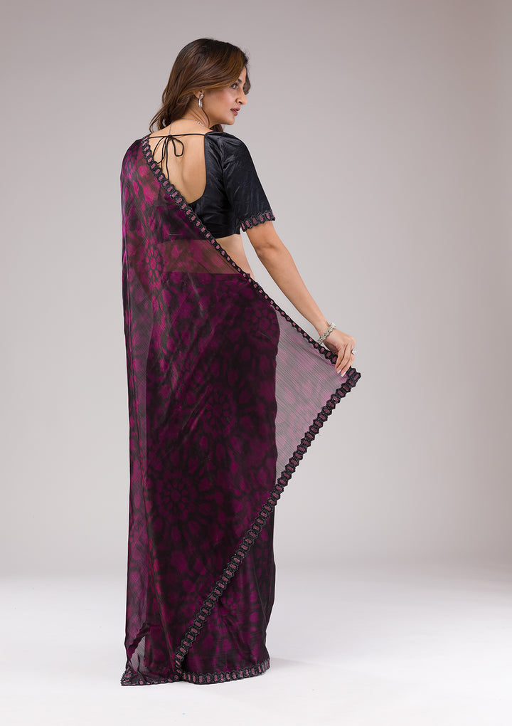Wine Printed Organza Saree