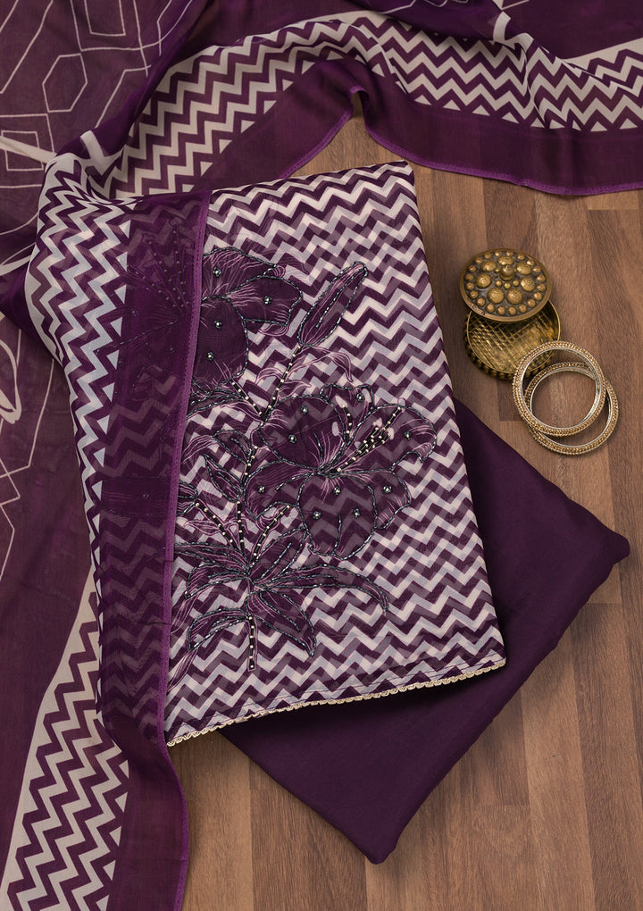 Wine Printed Semi Crepe Unstitched Salwar Suit
