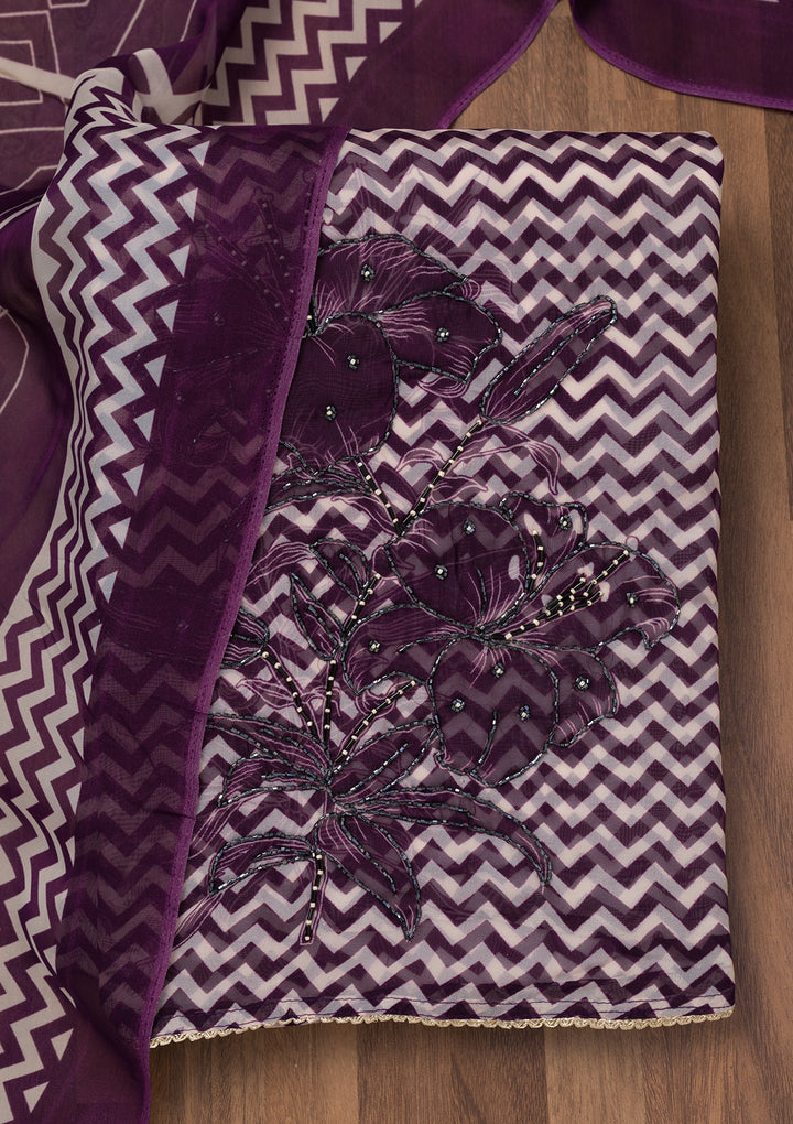Wine Printed Semi Crepe Unstitched Salwar Suit