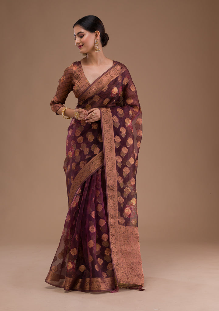 Wine Printed Tissue Saree