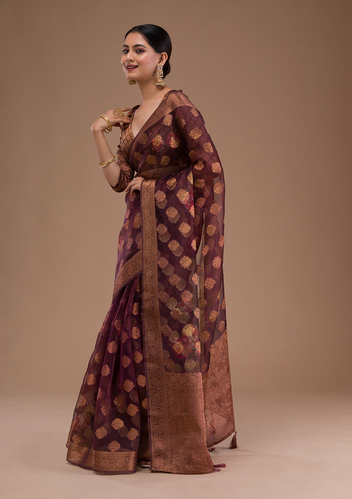 Wine Printed Tissue Saree
