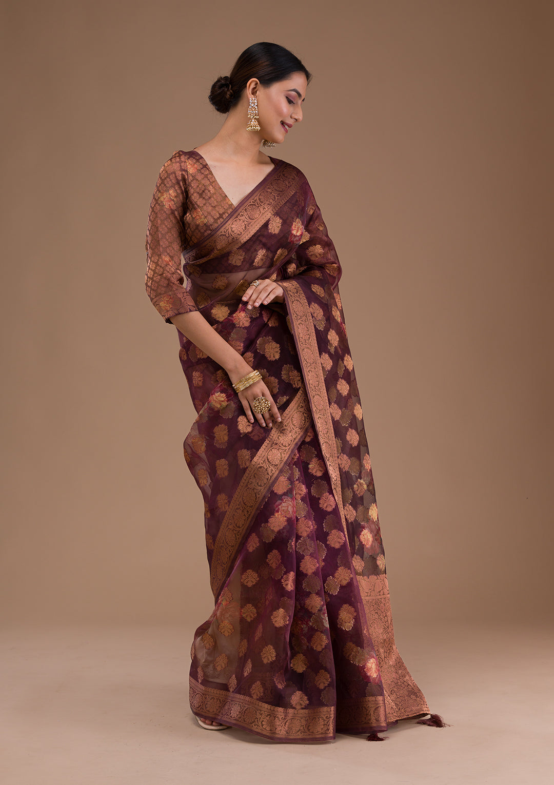 Wine Printed Tissue Saree