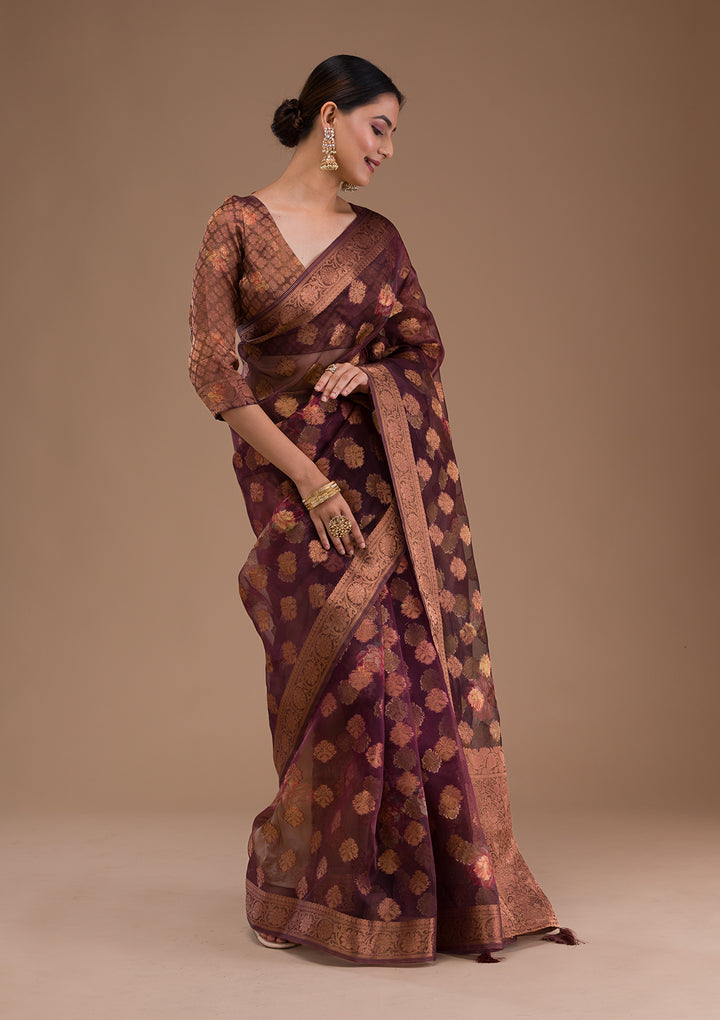 Wine Printed Tissue Saree