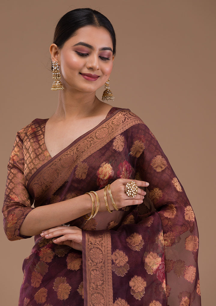 Wine Printed Tissue Saree