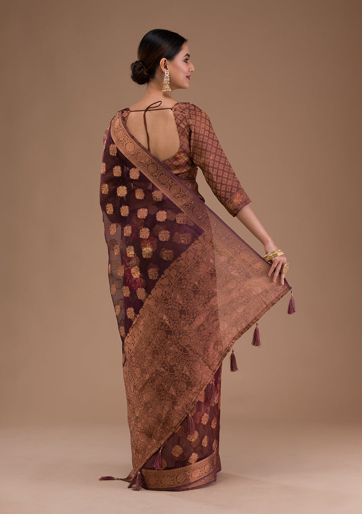 Wine Printed Tissue Saree