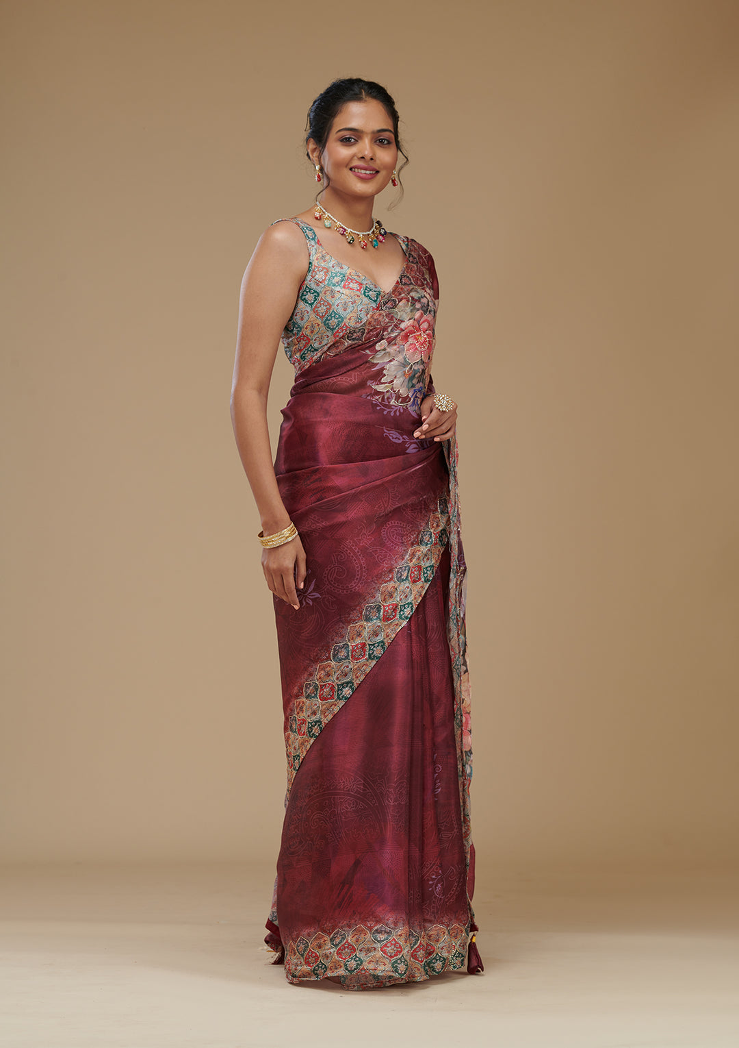 Wine Printed Tissue Saree